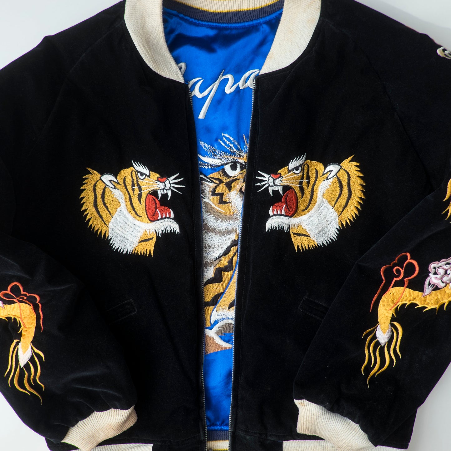 Vintage Reversible Sukajan Tiger Dragon Japan Black Velvet Blue Satin Embroidered Souvenir Bomber Jacket