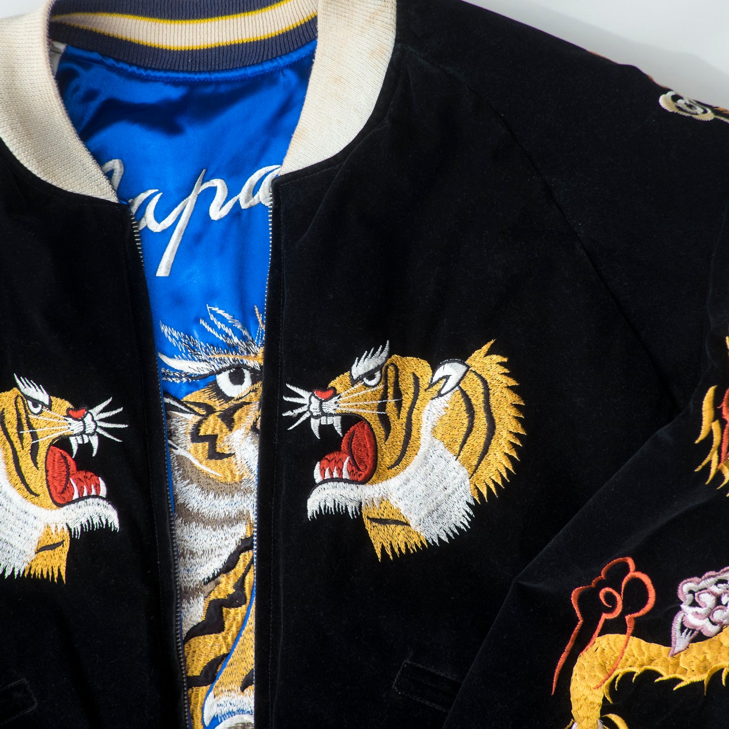 Vintage Reversible Sukajan Tiger Dragon Japan Black Velvet Blue Satin Embroidered Souvenir Bomber Jacket