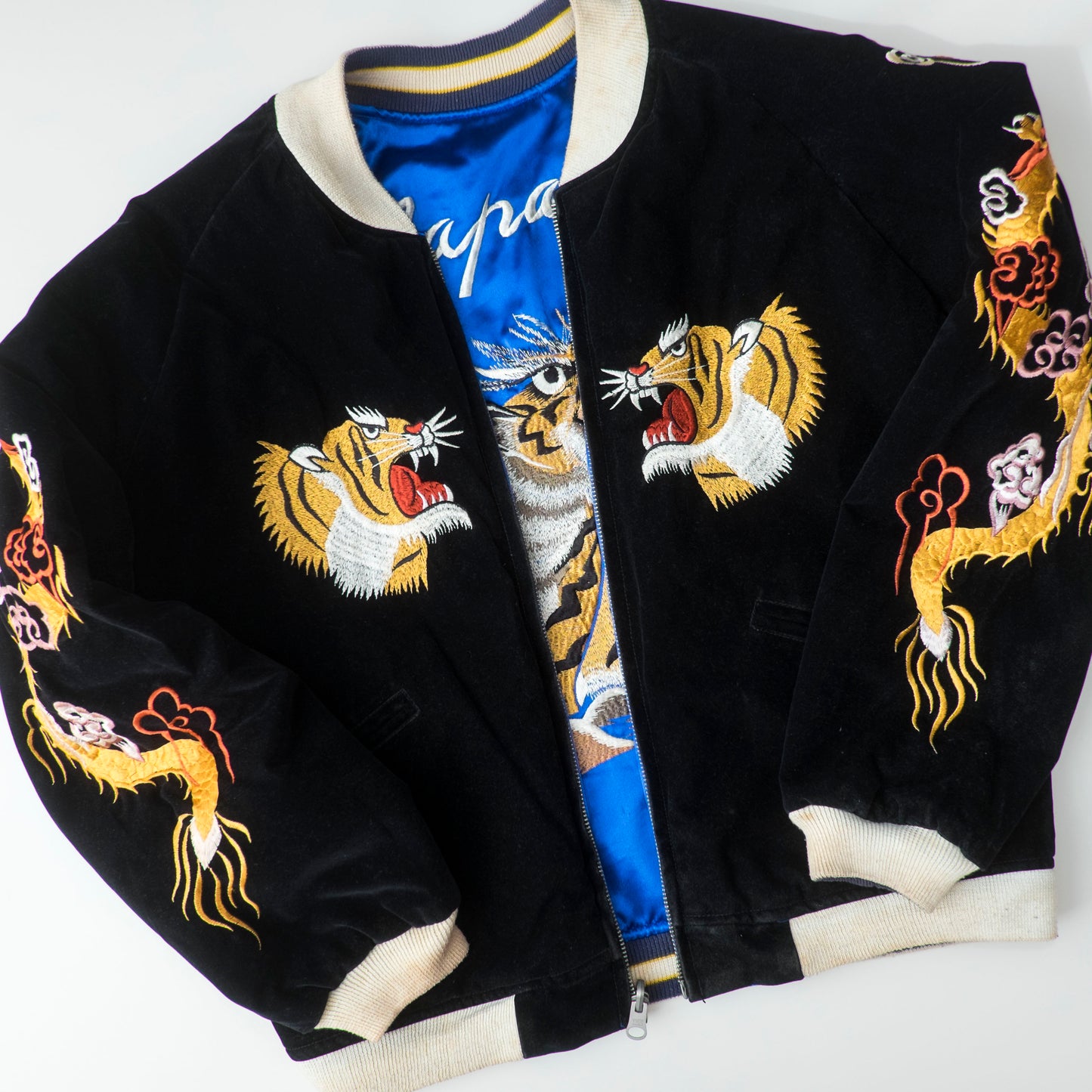 Vintage Reversible Sukajan Tiger Dragon Japan Black Velvet Blue Satin Embroidered Souvenir Bomber Jacket
