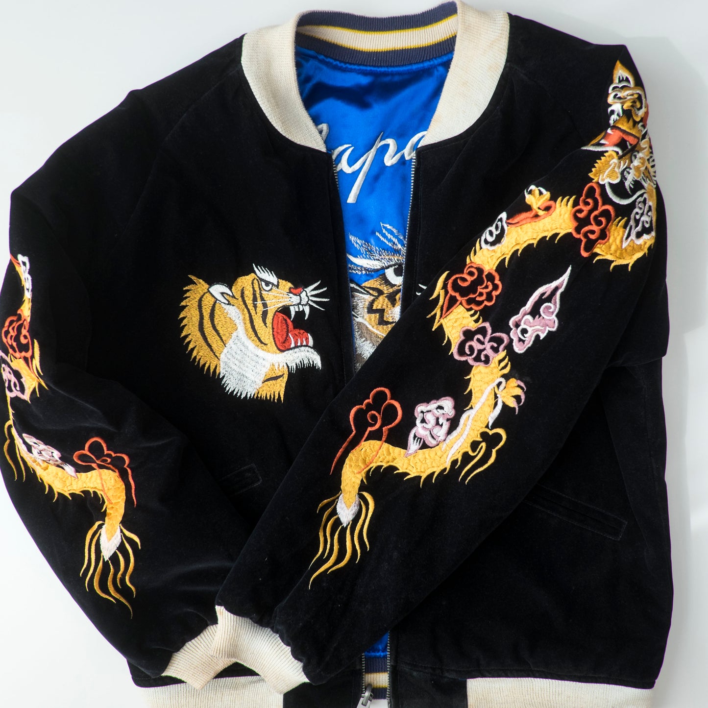 Vintage Reversible Sukajan Tiger Dragon Japan Black Velvet Blue Satin Embroidered Souvenir Bomber Jacket