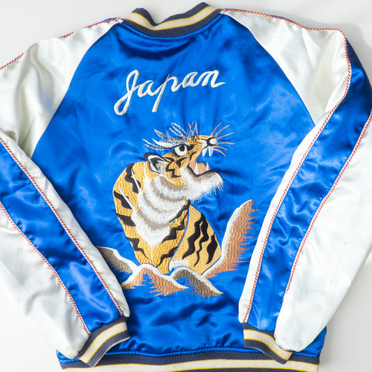 Vintage Reversible Sukajan Tiger Dragon Japan Black Velvet Blue Satin Embroidered Souvenir Bomber Jacket