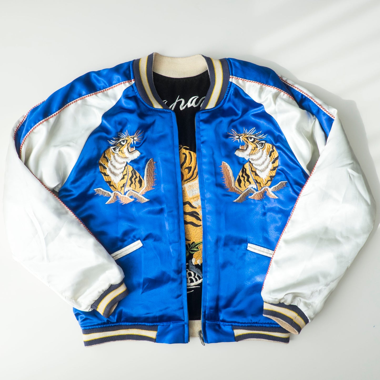 Vintage Reversible Sukajan Tiger Dragon Japan Black Velvet Blue Satin Embroidered Souvenir Bomber Jacket
