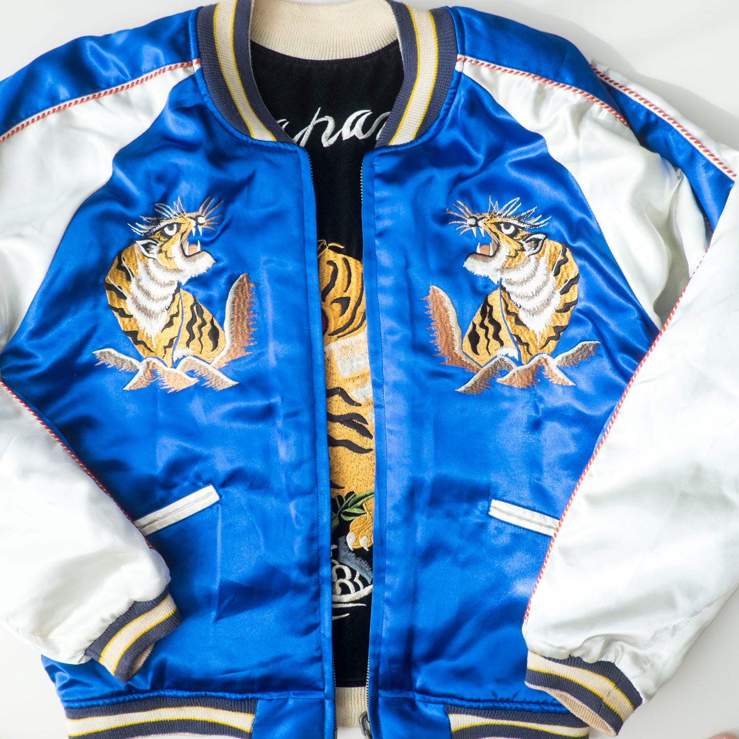Vintage Reversible Sukajan Tiger Dragon Japan Black Velvet Blue Satin Embroidered Souvenir Bomber Jacket