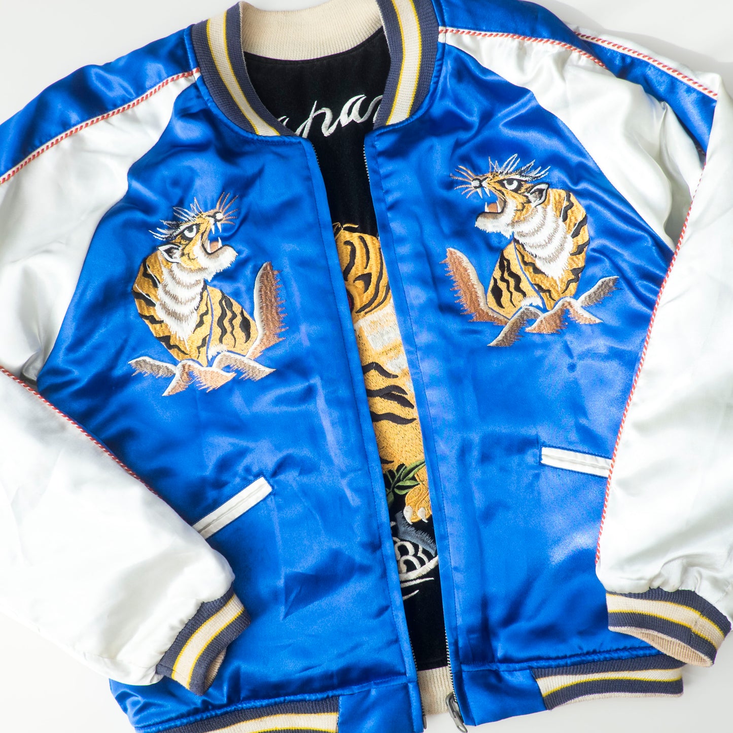 Vintage Reversible Sukajan Tiger Dragon Japan Black Velvet Blue Satin Embroidered Souvenir Bomber Jacket