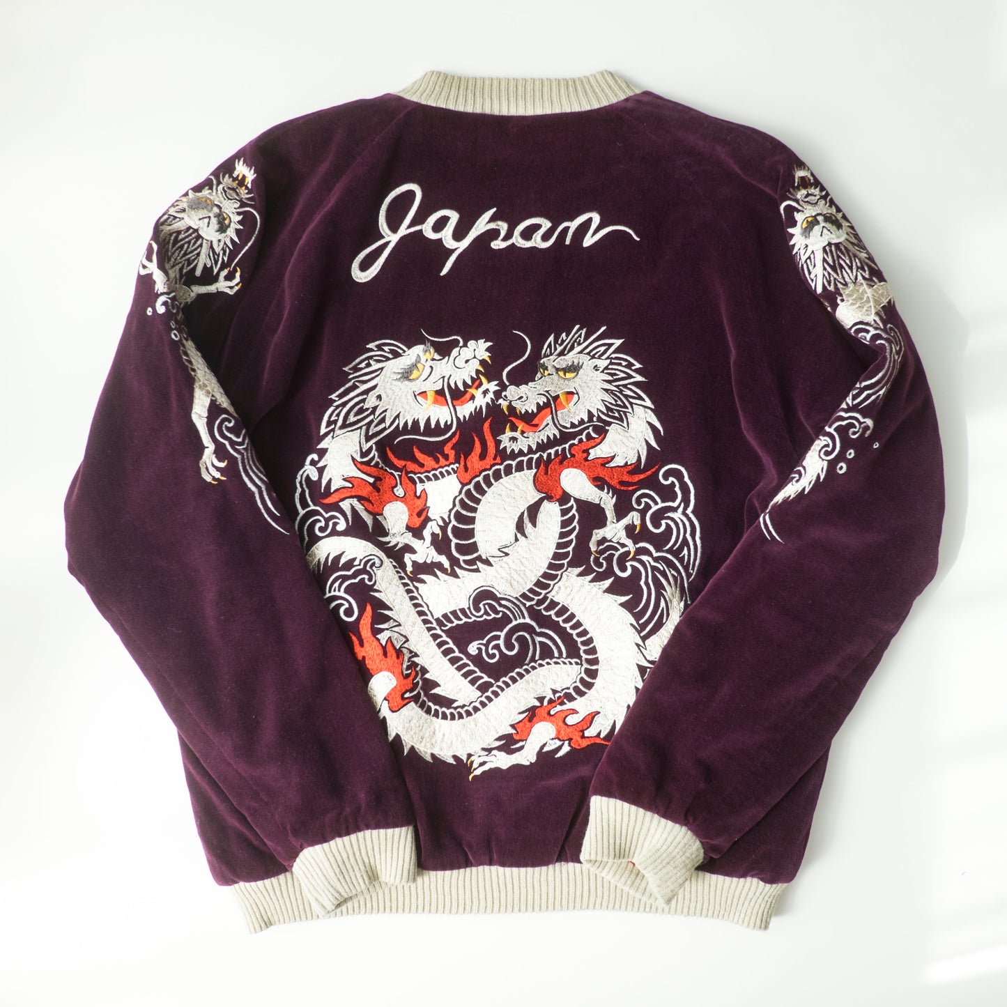Cropped Heads Reversible Sukajan Jacket Twin Dragon Crane Japan Velvet Embroidered Souvenir Bomber Free Size M–L
