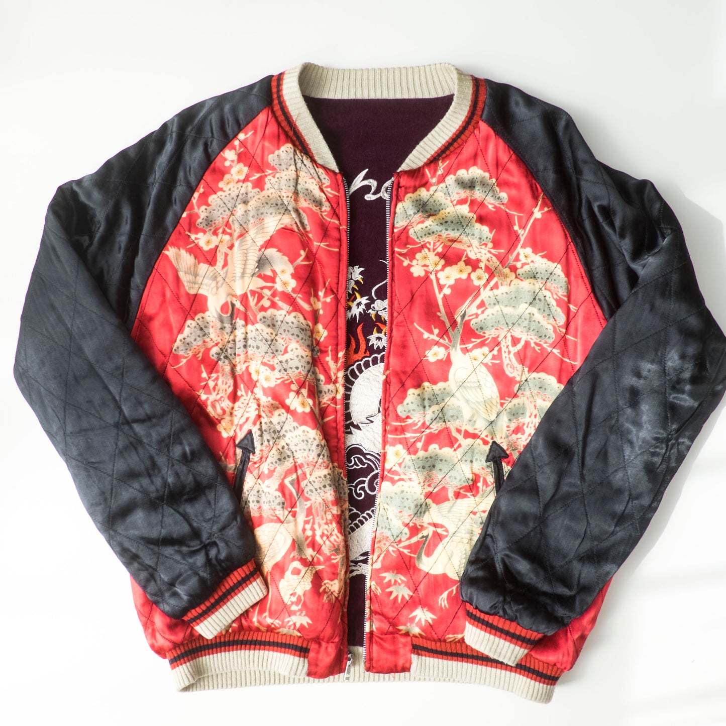 Cropped Heads Reversible Sukajan Jacket Twin Dragon Crane Japan Velvet Embroidered Souvenir Bomber Free Size M–L