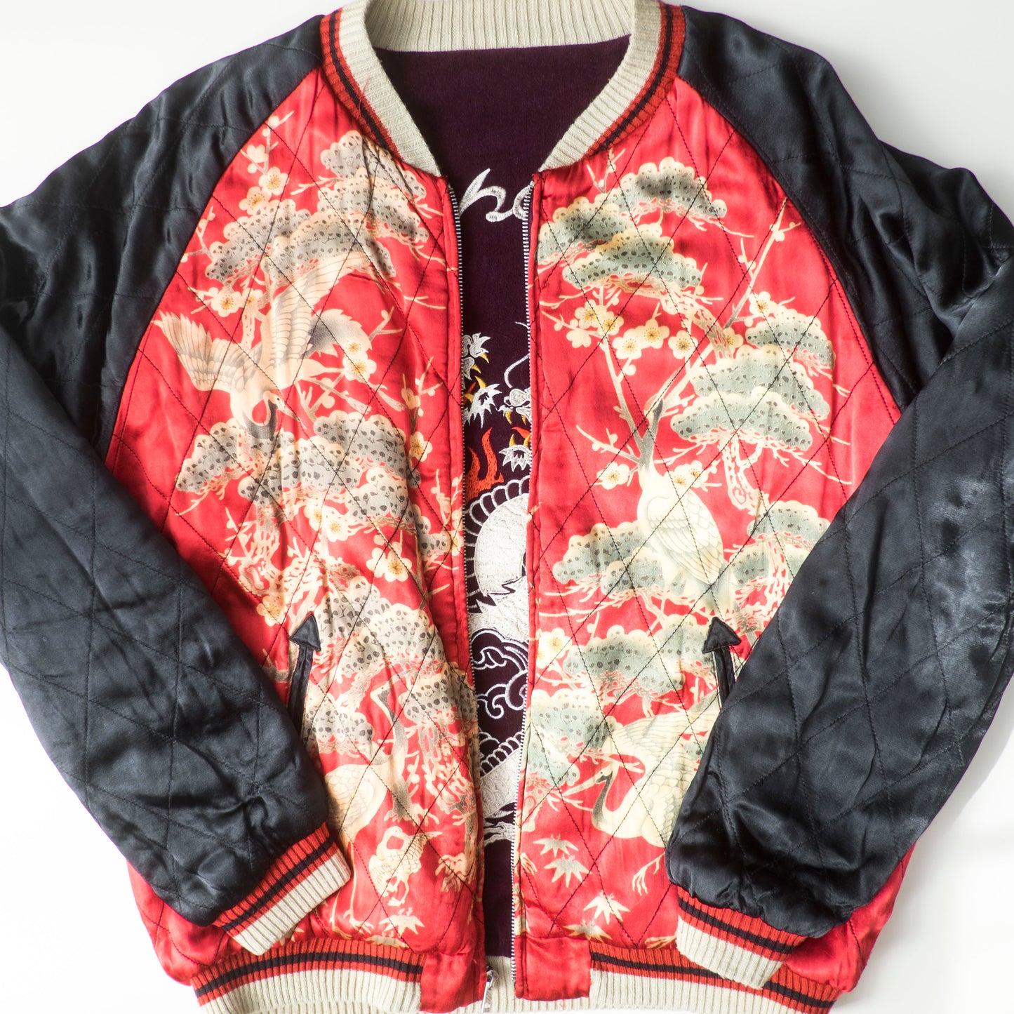 Cropped Heads Reversible Sukajan Jacket Twin Dragon Crane Japan Velvet Embroidered Souvenir Bomber Free Size M–L