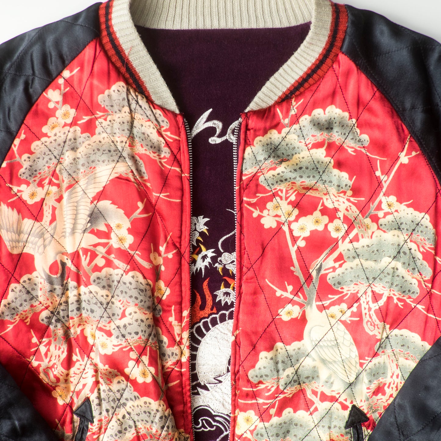 Cropped Heads Reversible Sukajan Jacket Twin Dragon Crane Japan Velvet Embroidered Souvenir Bomber Free Size M–L