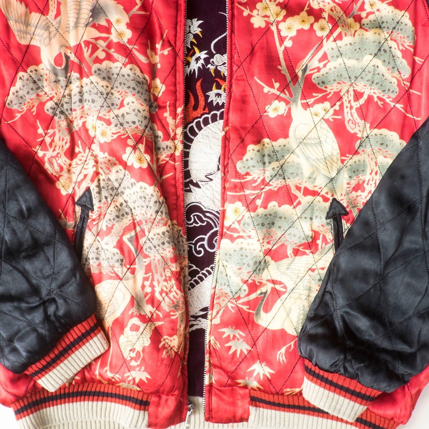 Cropped Heads Reversible Sukajan Jacket Twin Dragon Crane Japan Velvet Embroidered Souvenir Bomber Free Size M–L