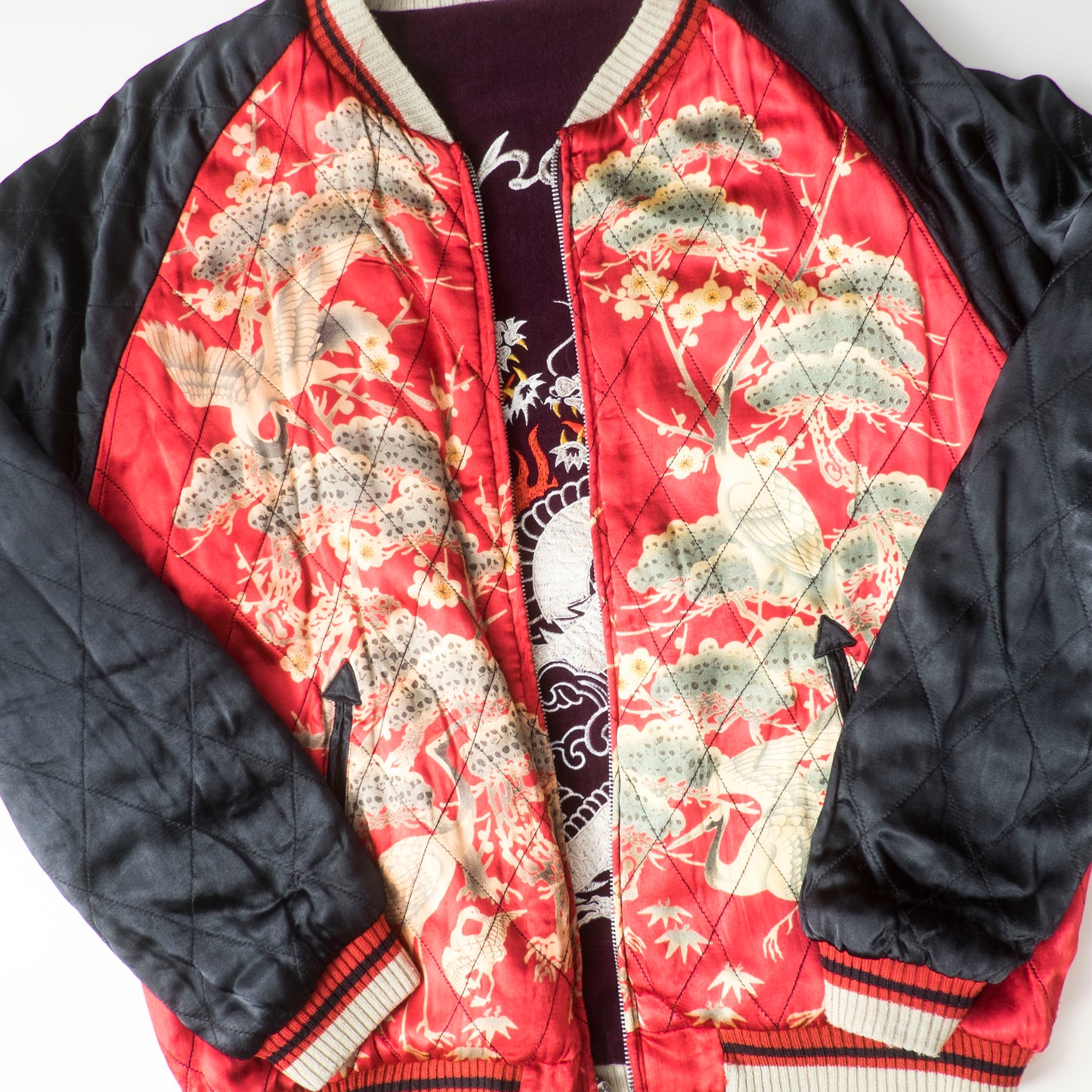 Cropped Heads Reversible Sukajan Jacket Twin Dragon Crane Japan Velvet Embroidered Souvenir Bomber Free Size M–L
