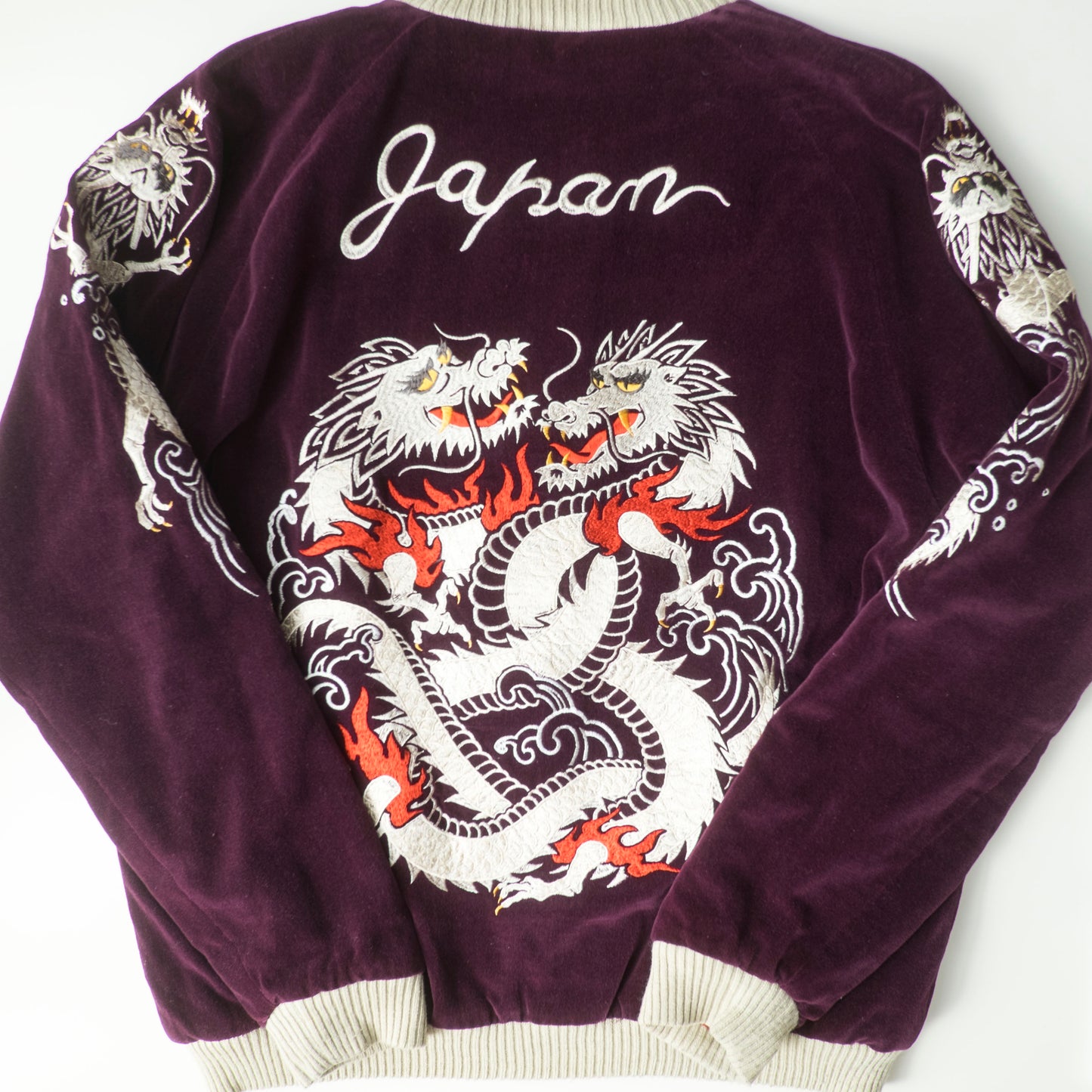 Cropped Heads Reversible Sukajan Jacket Twin Dragon Crane Japan Velvet Embroidered Souvenir Bomber Free Size M–L