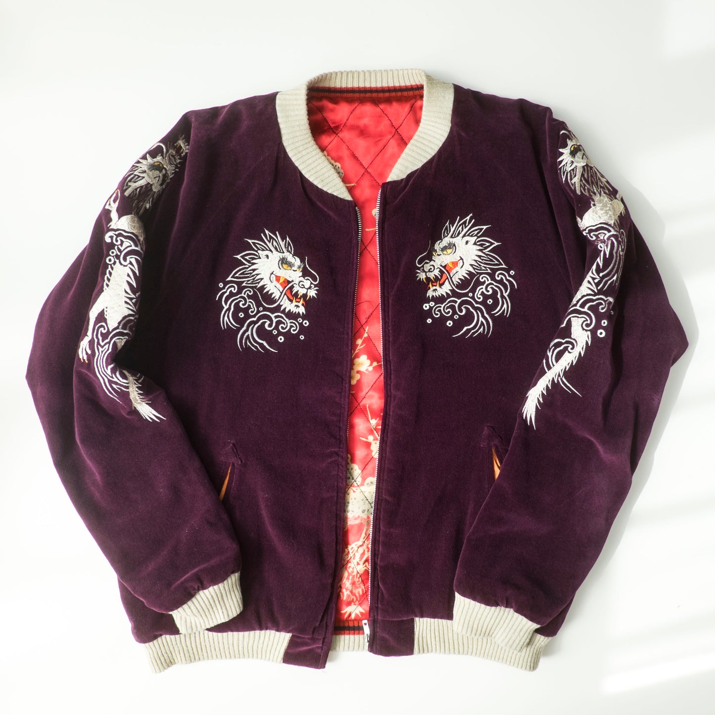 Cropped Heads Reversible Sukajan Jacket Twin Dragon Crane Japan Velvet Embroidered Souvenir Bomber Free Size M–L