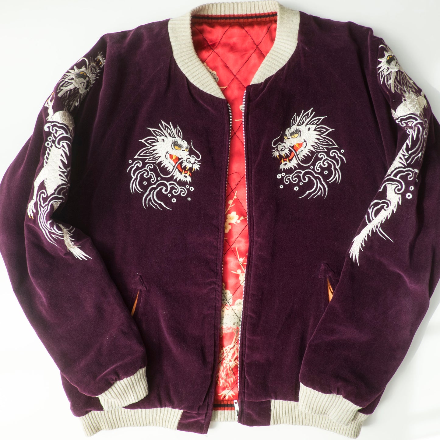 Cropped Heads Reversible Sukajan Jacket Twin Dragon Crane Japan Velvet Embroidered Souvenir Bomber Free Size M–L