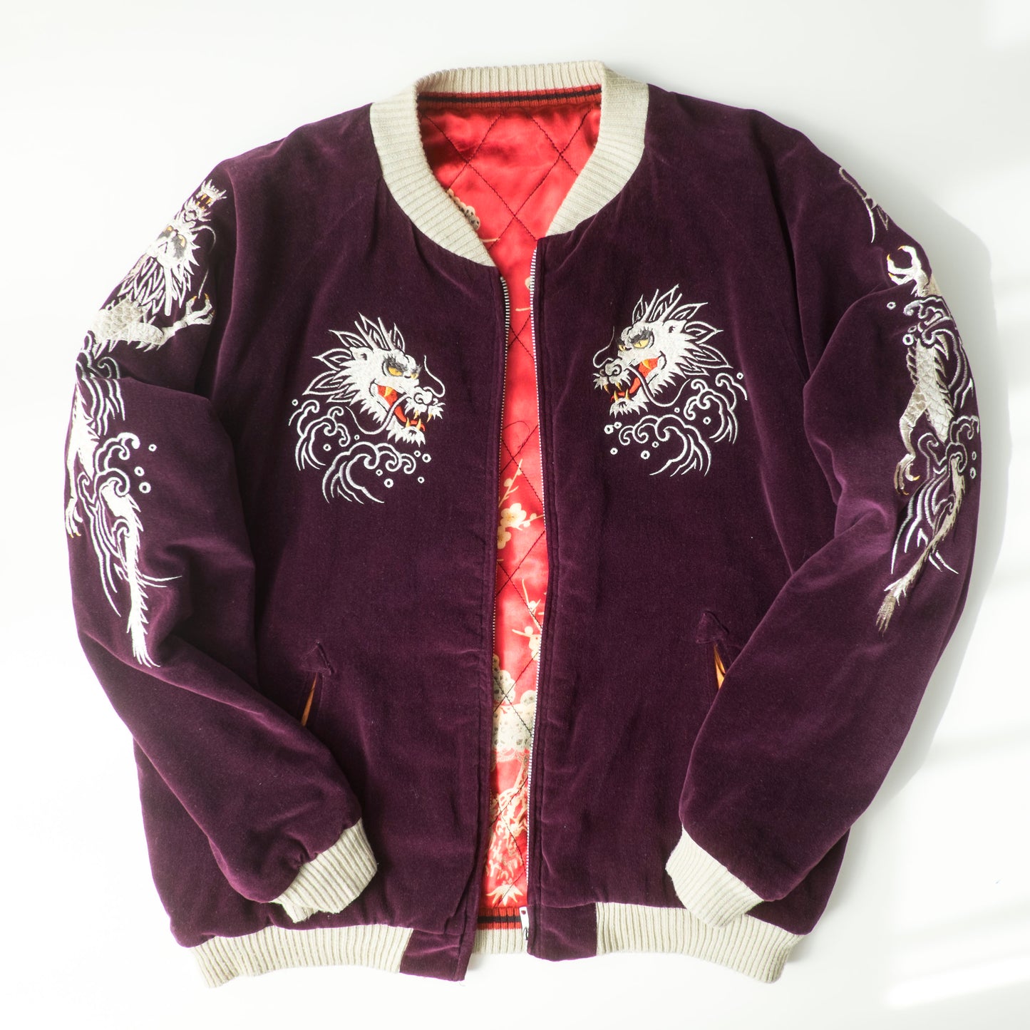 Cropped Heads Reversible Sukajan Jacket Twin Dragon Crane Japan Velvet Embroidered Souvenir Bomber Free Size M–L