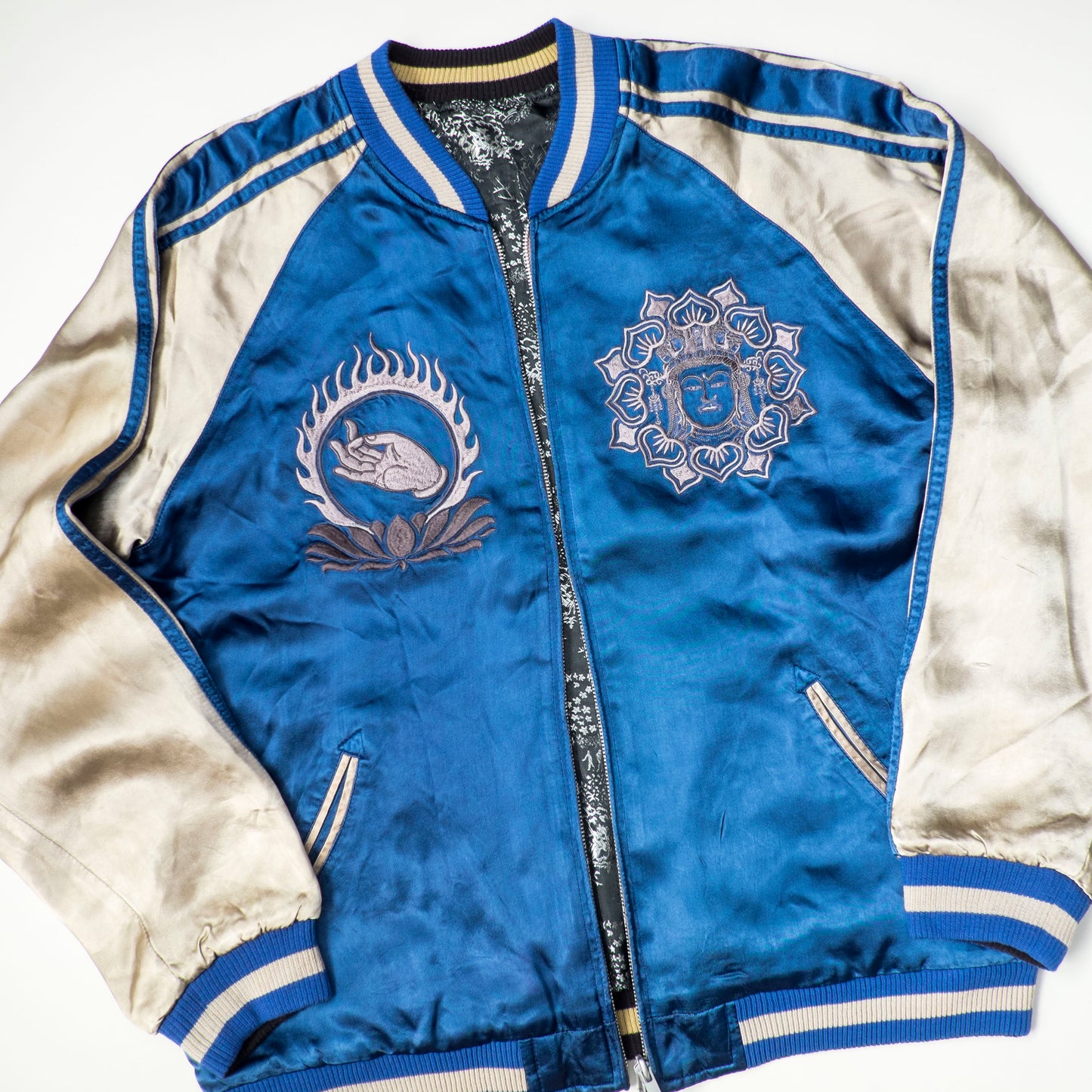 Rare Senju Kannon Reversible Sukajan Jacket – Blue Buddhist Embroidery & Black Gold Brocade Japanese Souvenir Bomber