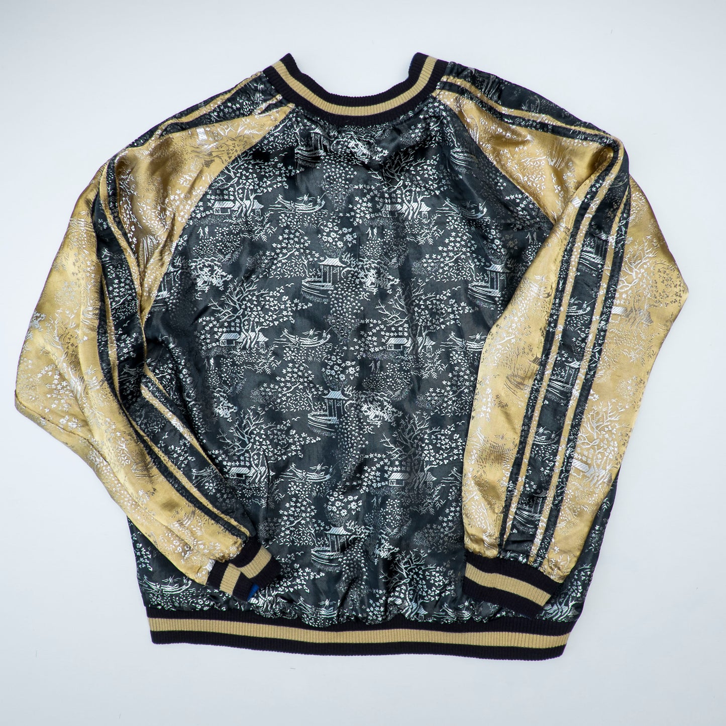 Rare Senju Kannon Reversible Sukajan Jacket – Blue Buddhist Embroidery & Black Gold Brocade Japanese Souvenir Bomber