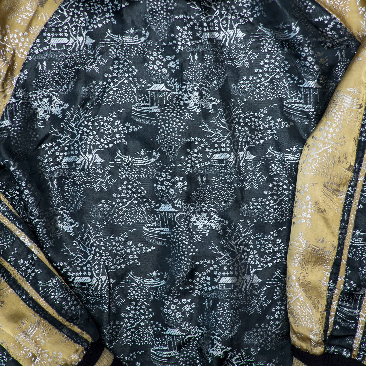 Rare Senju Kannon Reversible Sukajan Jacket – Blue Buddhist Embroidery & Black Gold Brocade Japanese Souvenir Bomber