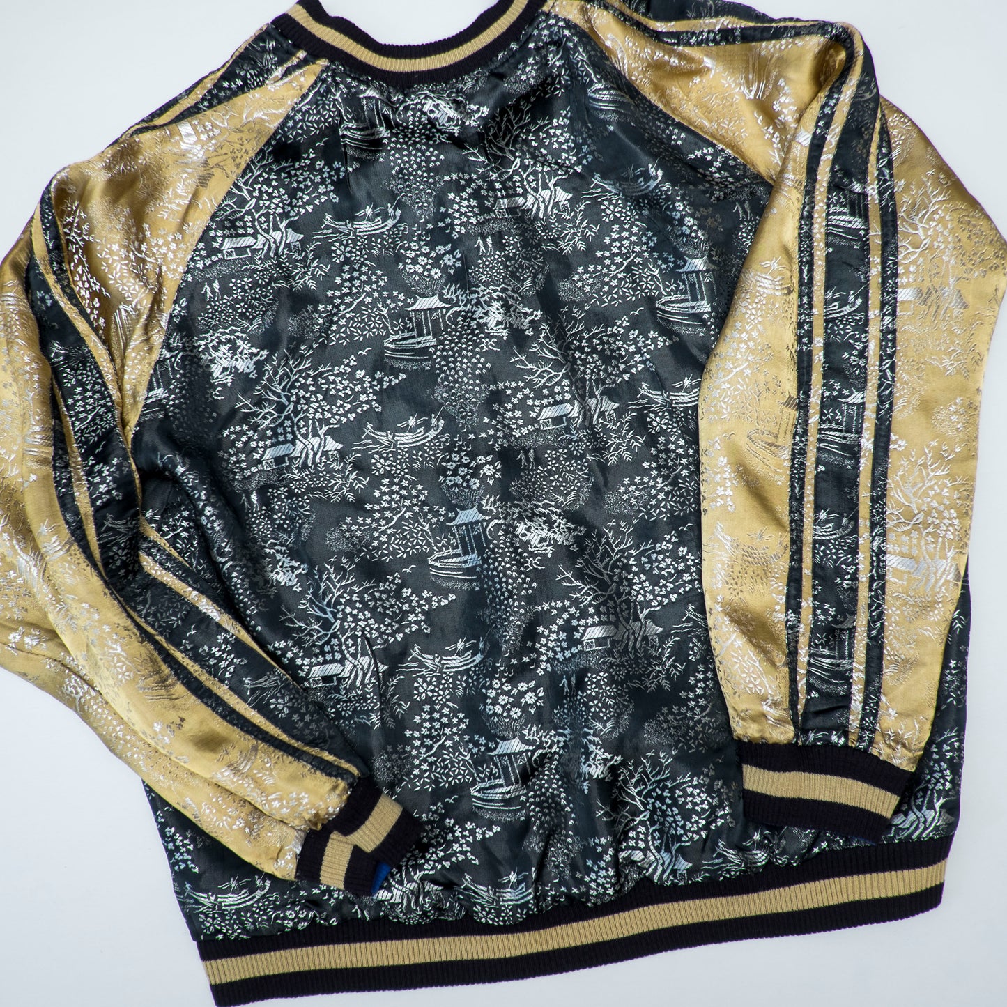 Rare Senju Kannon Reversible Sukajan Jacket – Blue Buddhist Embroidery & Black Gold Brocade Japanese Souvenir Bomber