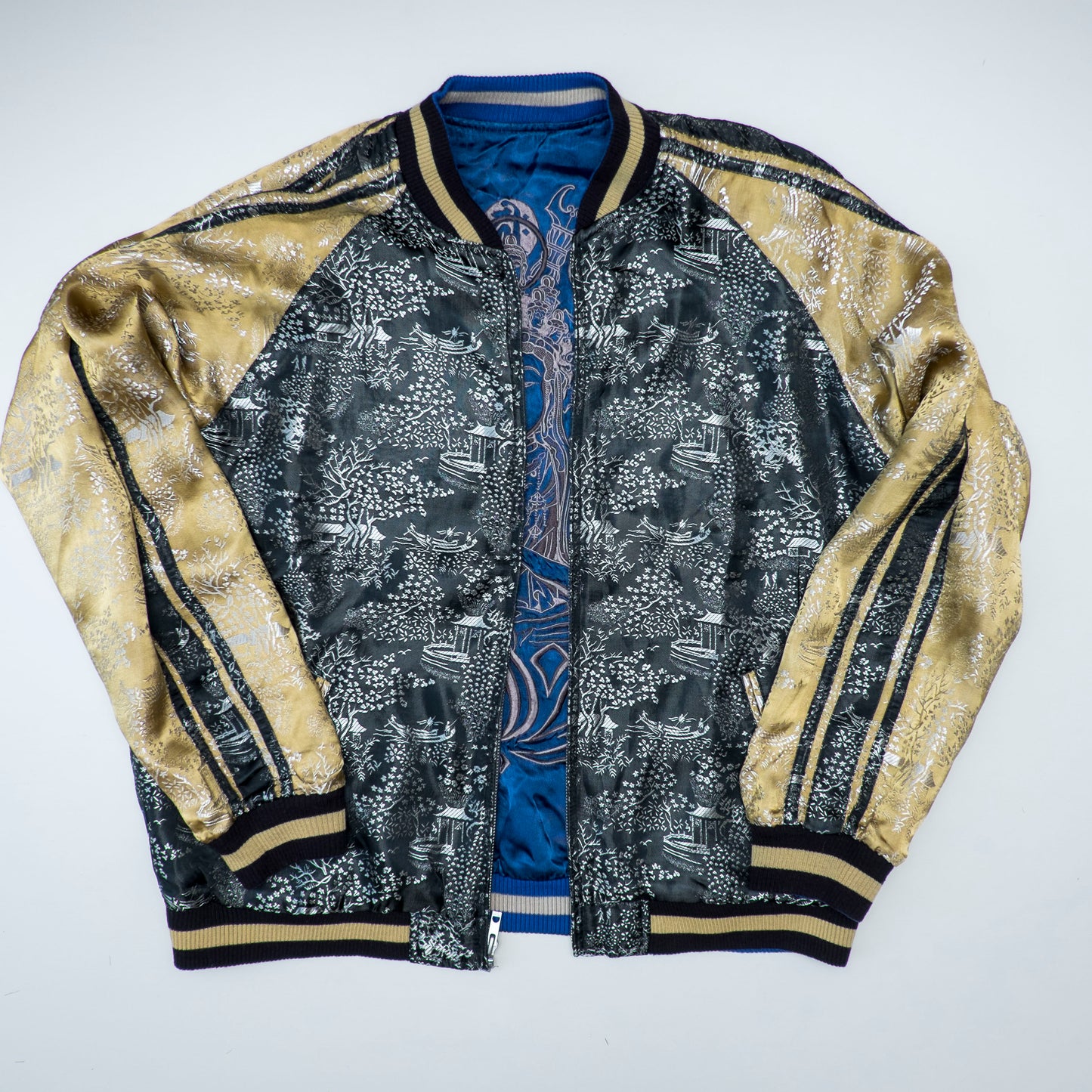 Rare Senju Kannon Reversible Sukajan Jacket – Blue Buddhist Embroidery & Black Gold Brocade Japanese Souvenir Bomber