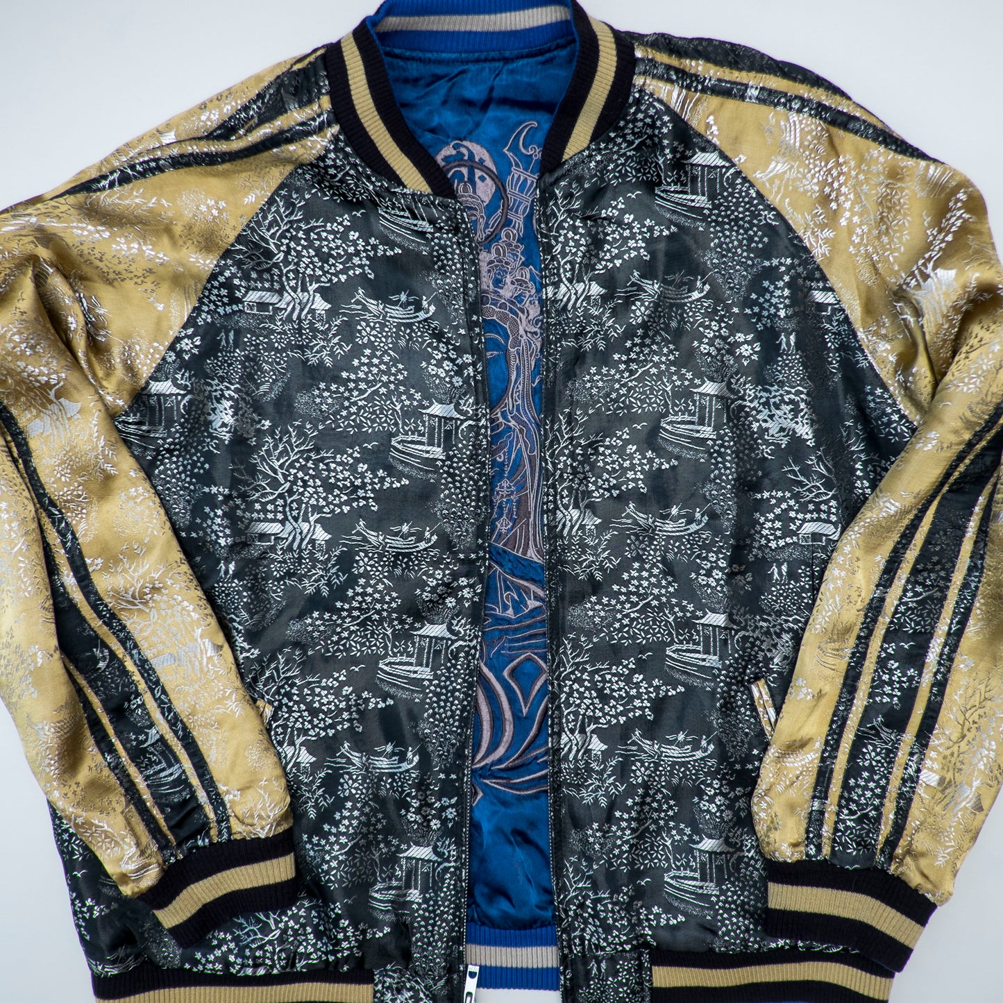Rare Senju Kannon Reversible Sukajan Jacket – Blue Buddhist Embroidery & Black Gold Brocade Japanese Souvenir Bomber