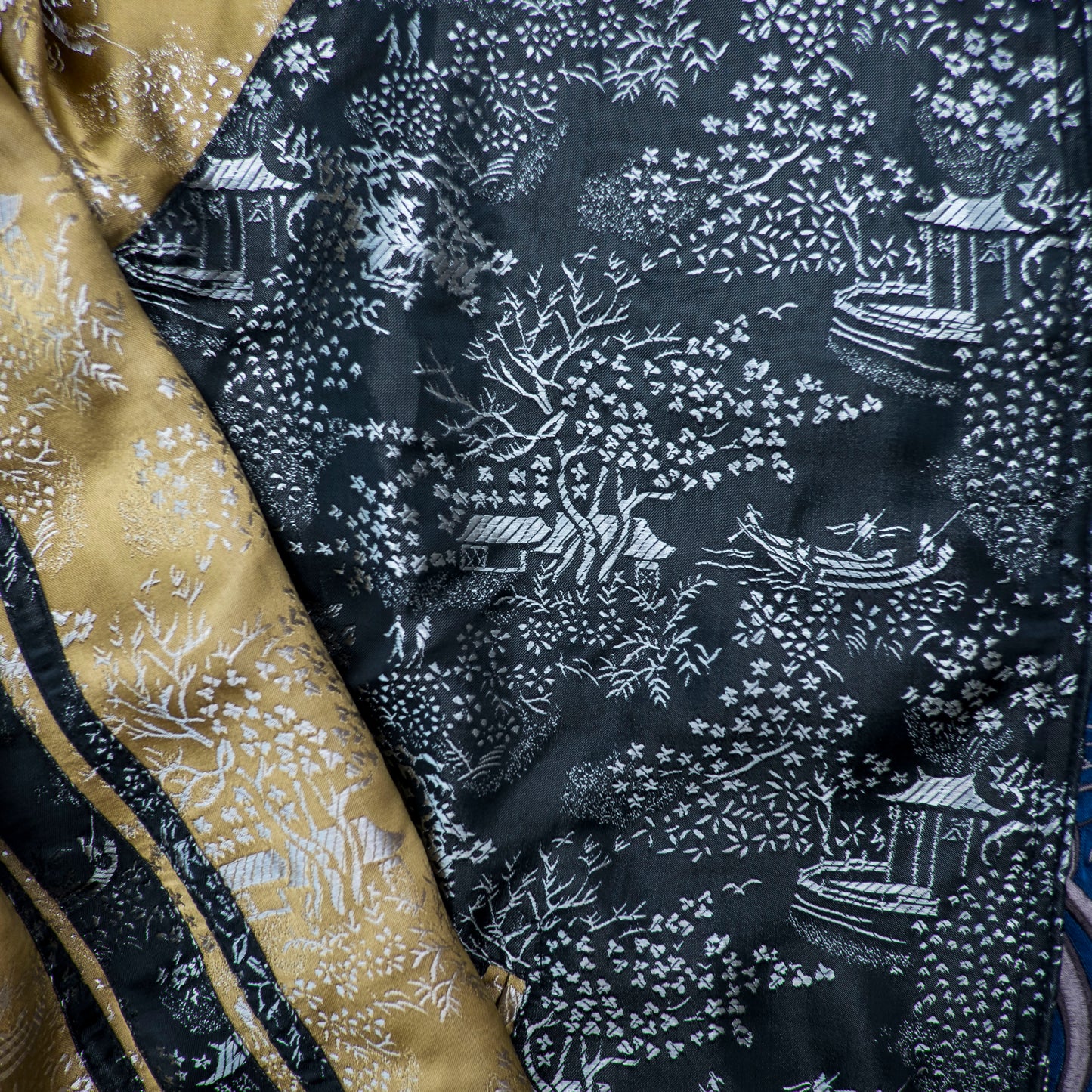 Rare Senju Kannon Reversible Sukajan Jacket – Blue Buddhist Embroidery & Black Gold Brocade Japanese Souvenir Bomber