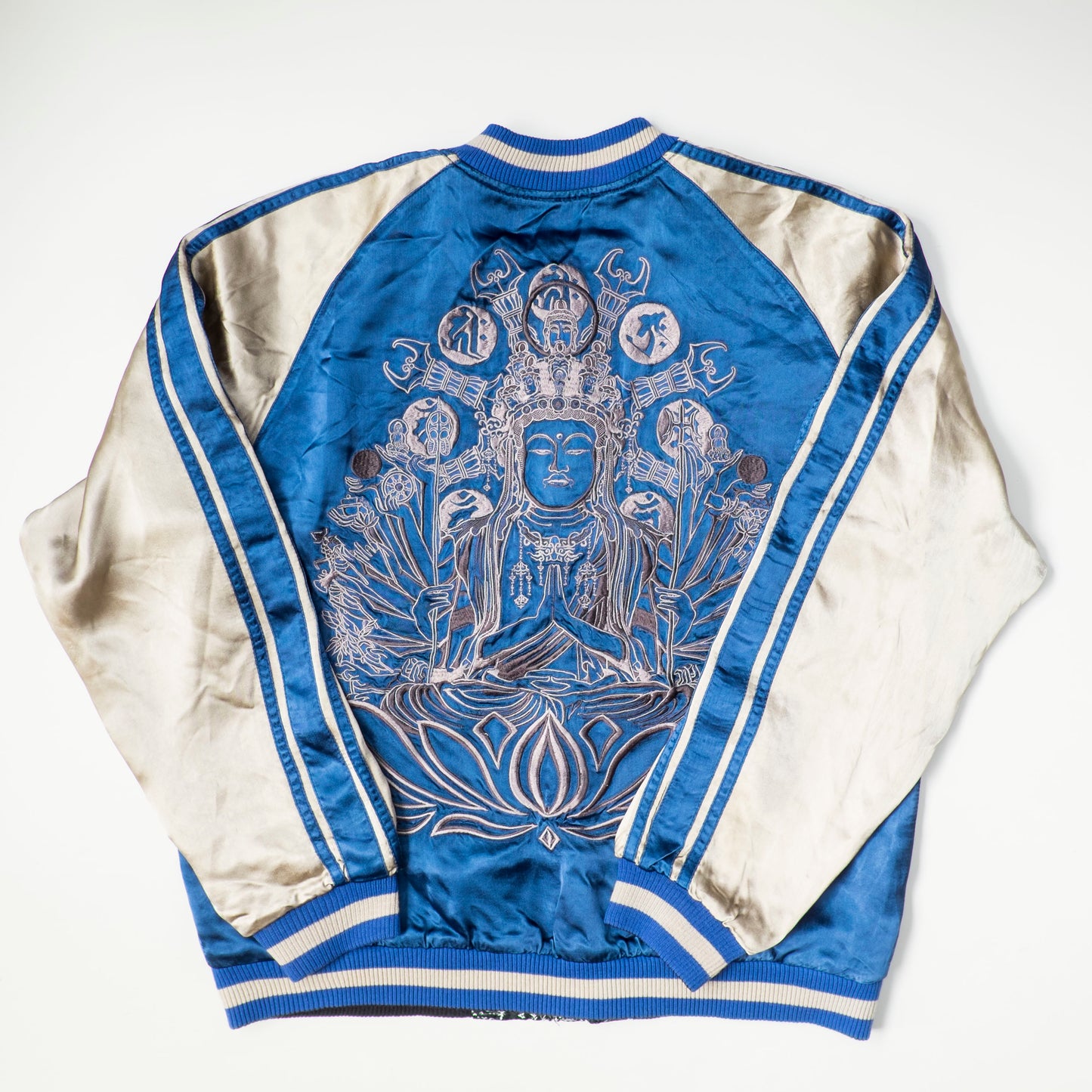 Rare Senju Kannon Reversible Sukajan Jacket – Blue Buddhist Embroidery & Black Gold Brocade Japanese Souvenir Bomber