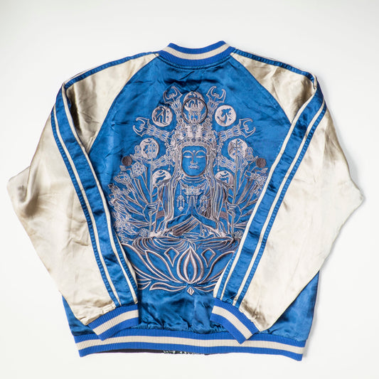 Rare Senju Kannon Reversible Sukajan Jacket – Blue Buddhist Embroidery & Black Gold Brocade Japanese Souvenir Bomber