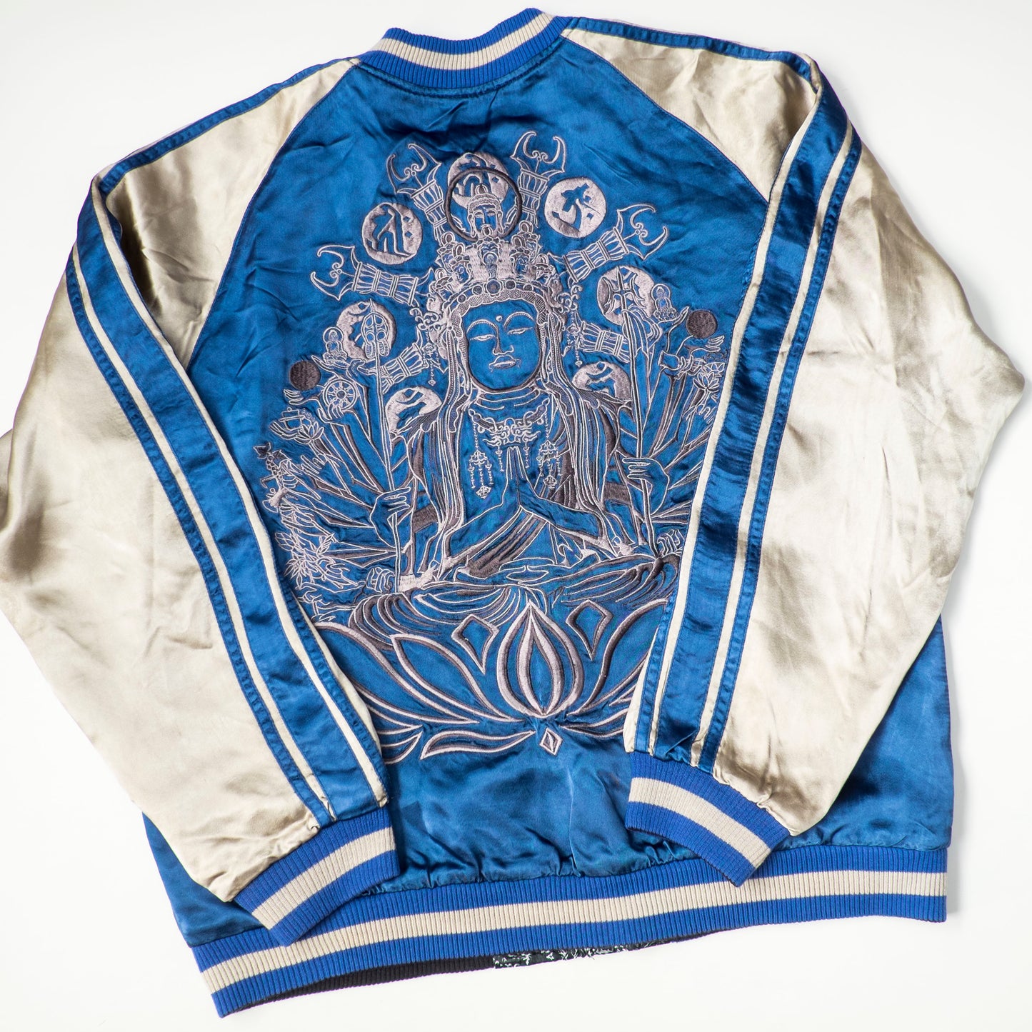 Rare Senju Kannon Reversible Sukajan Jacket – Blue Buddhist Embroidery & Black Gold Brocade Japanese Souvenir Bomber