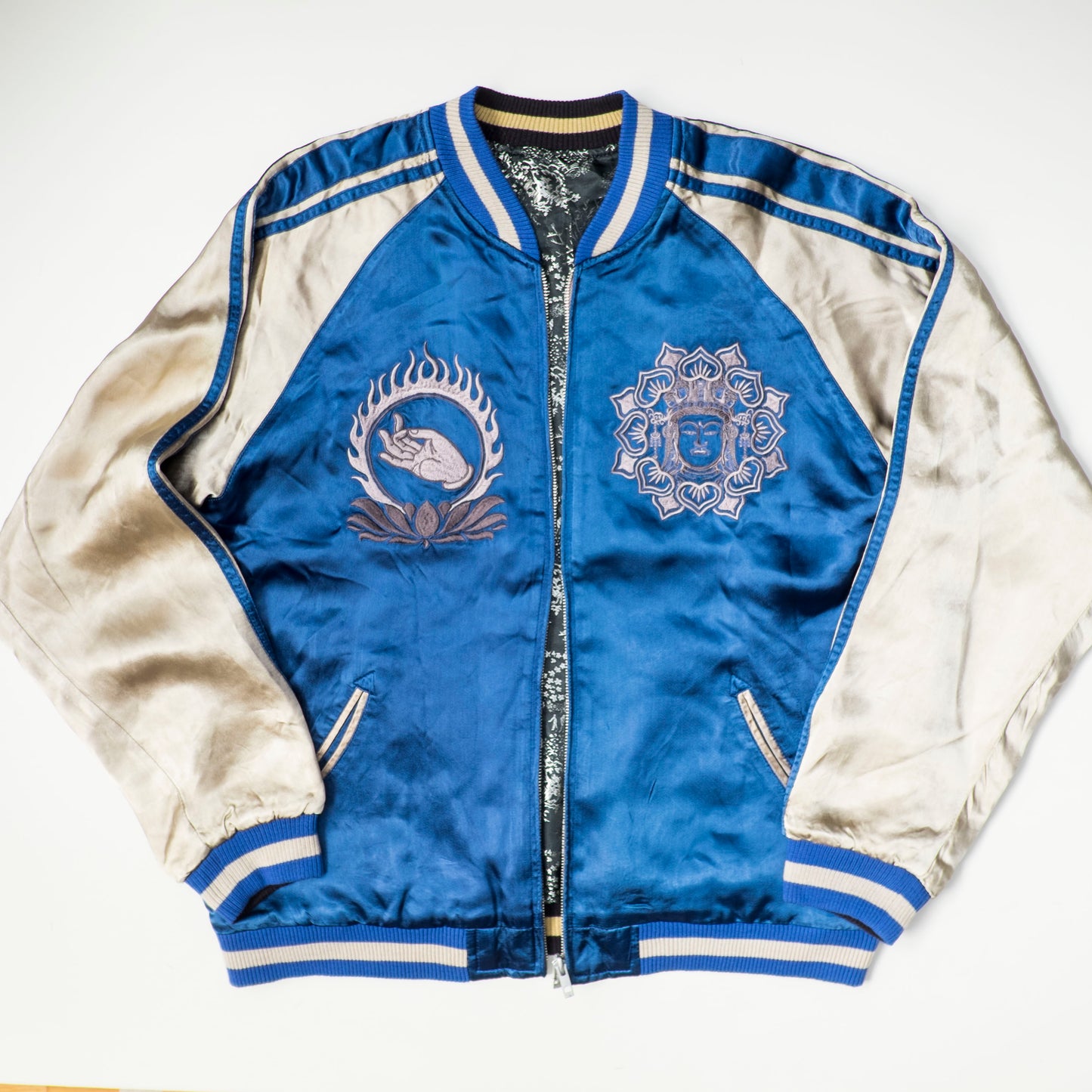 Rare Senju Kannon Reversible Sukajan Jacket – Blue Buddhist Embroidery & Black Gold Brocade Japanese Souvenir Bomber