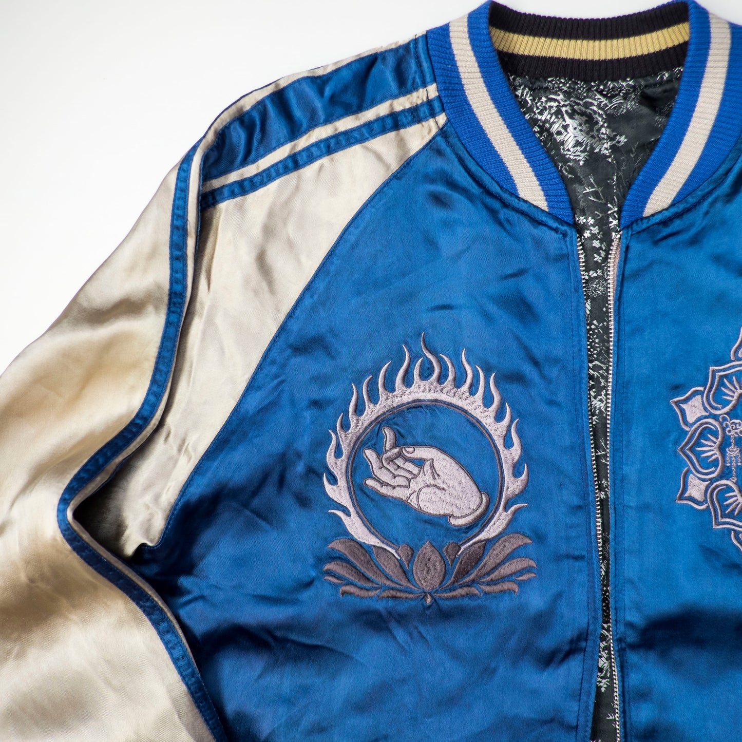 Rare Senju Kannon Reversible Sukajan Jacket – Blue Buddhist Embroidery & Black Gold Brocade Japanese Souvenir Bomber