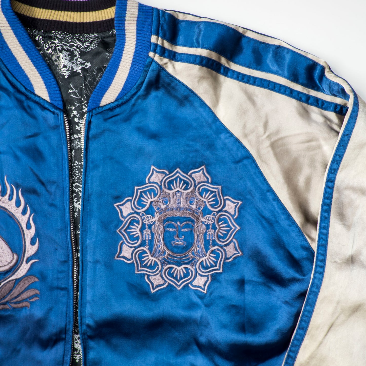 Rare Senju Kannon Reversible Sukajan Jacket – Blue Buddhist Embroidery & Black Gold Brocade Japanese Souvenir Bomber