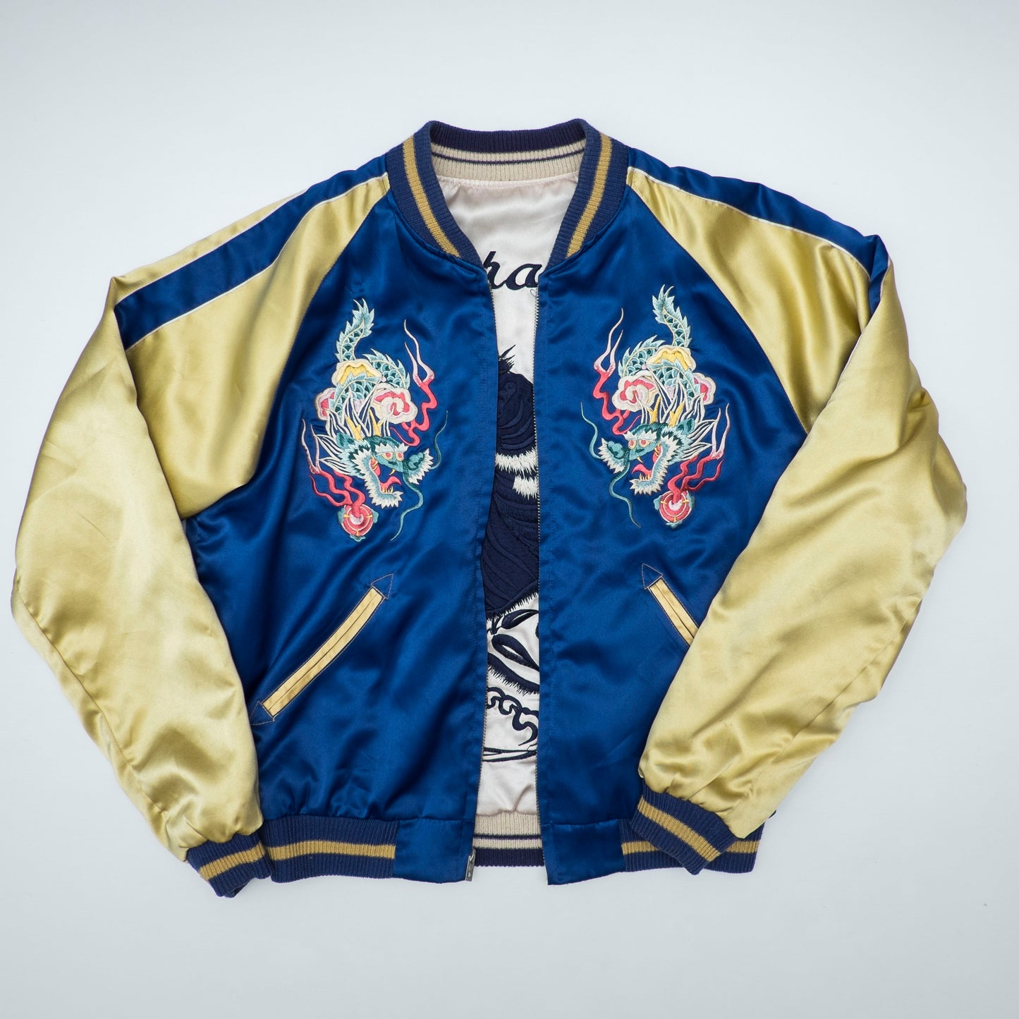 Rare Tailor Toyo M18333 Okushiri-Shima 613th AC&W Black Tiger Reversible Sukajan Souvenir Jacket