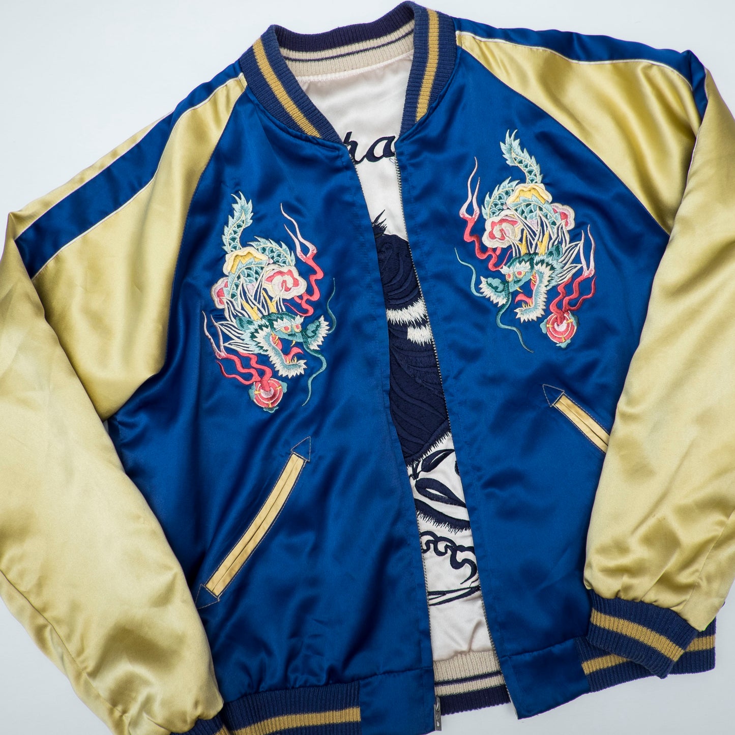 Rare Tailor Toyo M18333 Okushiri-Shima 613th AC&W Black Tiger Reversible Sukajan Souvenir Jacket
