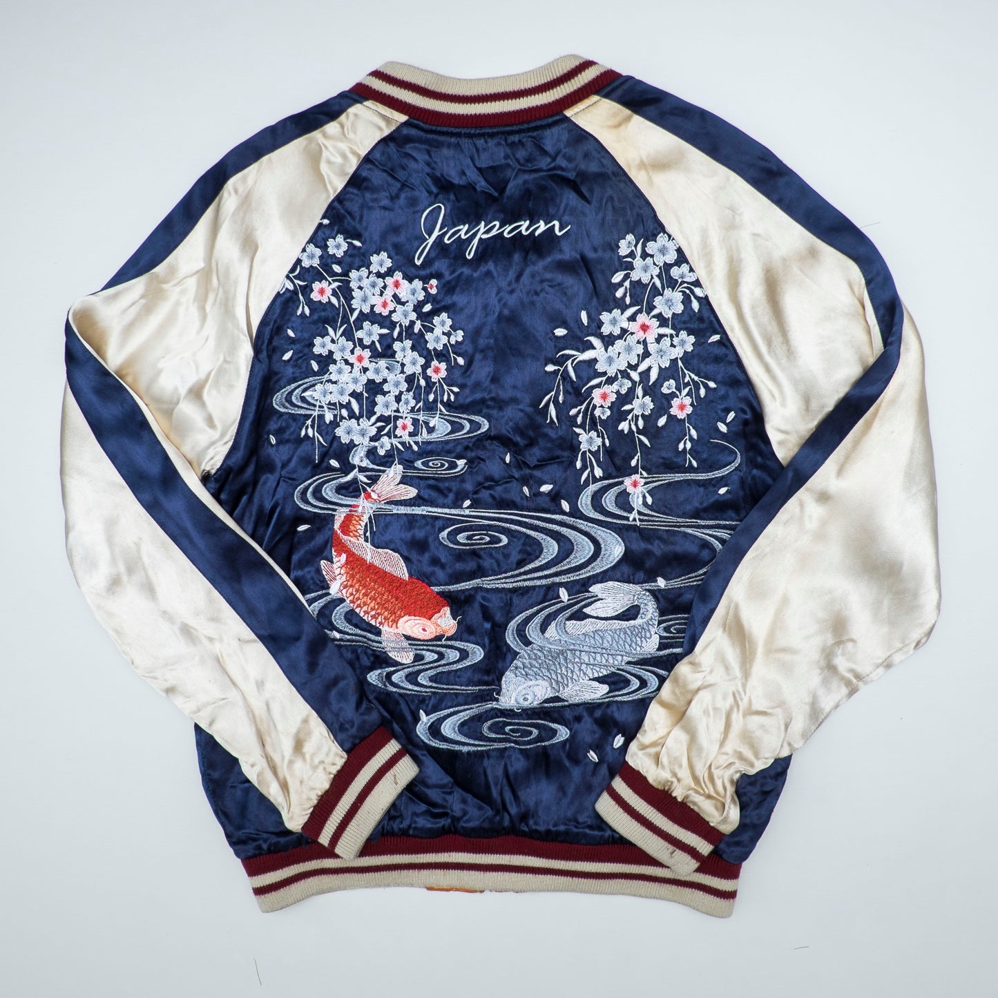 Vintage IOLANI Koi Sakura Reversible Sukajan Jacket Size M Navy Yellow Japanese Souvenir Bomber
