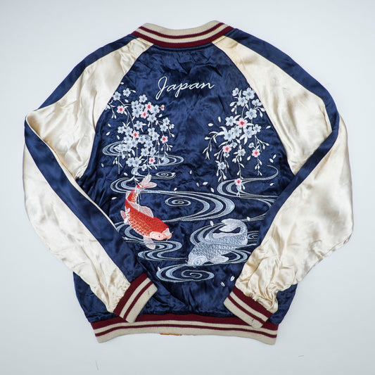 Vintage IOLANI Koi Sakura Reversible Sukajan Jacket Size M Navy Yellow Japanese Souvenir Bomber