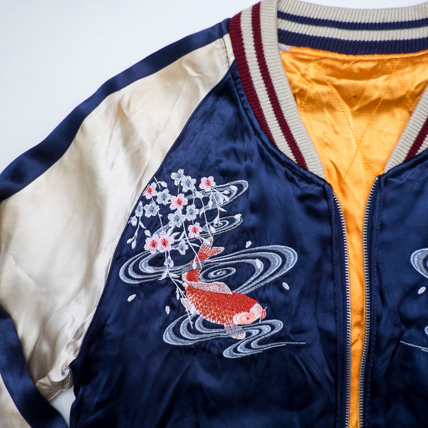 Vintage IOLANI Koi Sakura Reversible Sukajan Jacket Size M Navy Yellow Japanese Souvenir Bomber