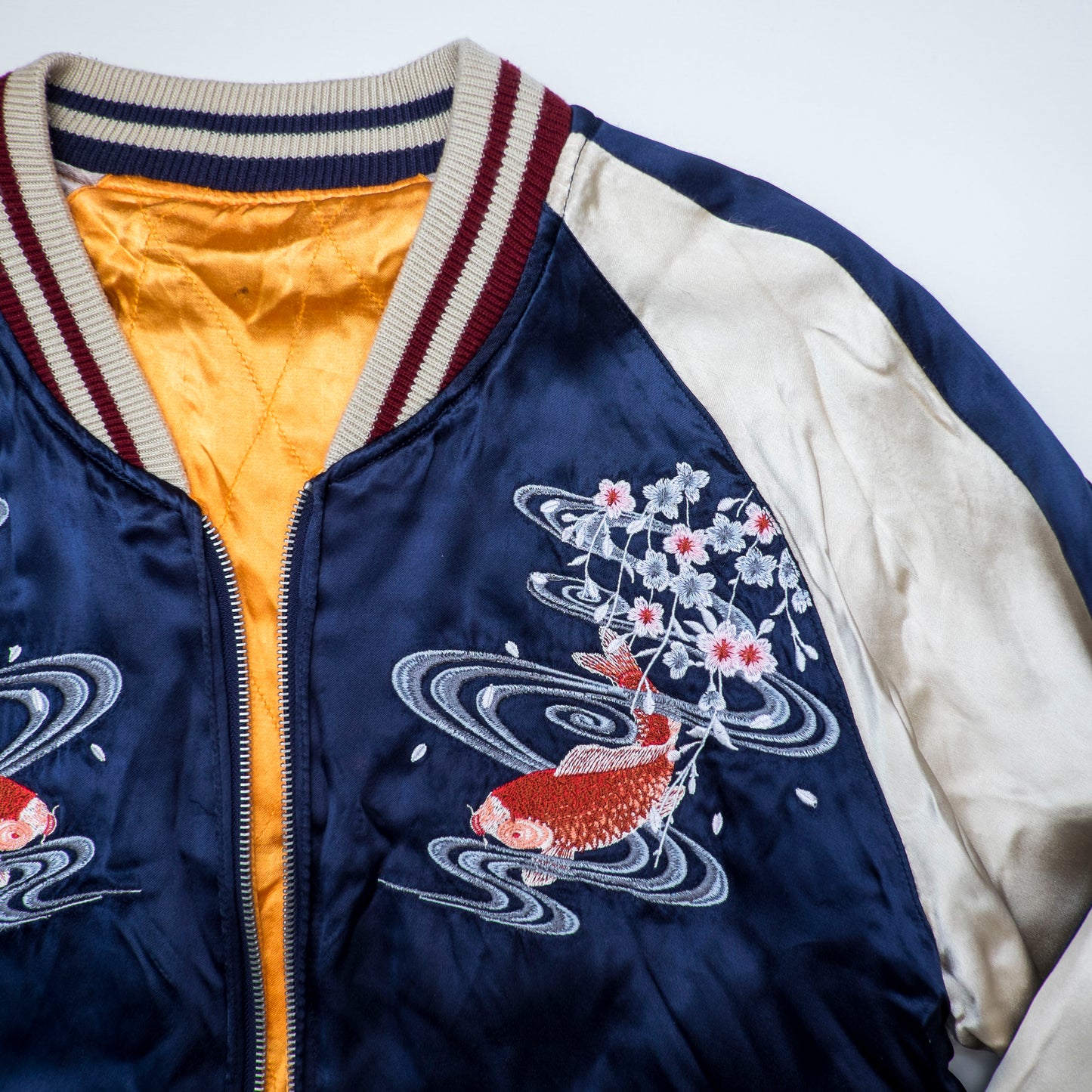 Vintage IOLANI Koi Sakura Reversible Sukajan Jacket Size M Navy Yellow Japanese Souvenir Bomber