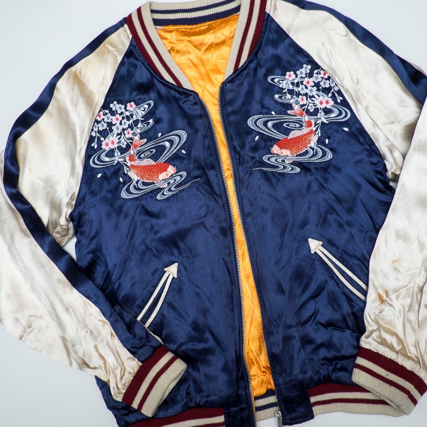 Vintage IOLANI Koi Sakura Reversible Sukajan Jacket Size M Navy Yellow Japanese Souvenir Bomber
