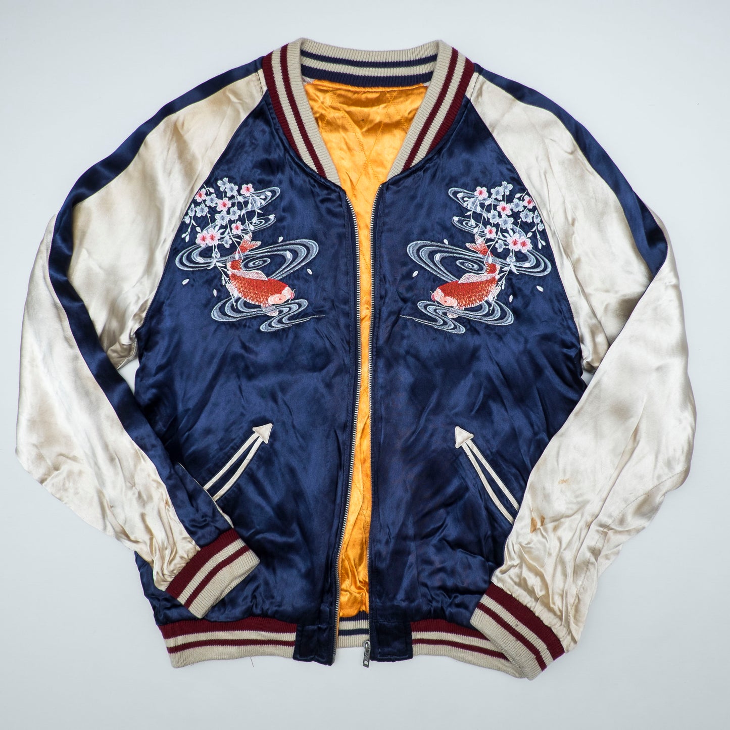 Vintage IOLANI Koi Sakura Reversible Sukajan Jacket Size M Navy Yellow Japanese Souvenir Bomber