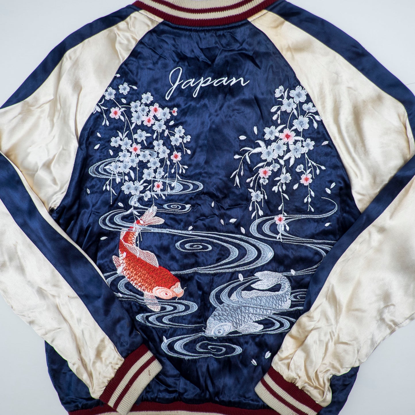 Vintage IOLANI Koi Sakura Reversible Sukajan Jacket Size M Navy Yellow Japanese Souvenir Bomber