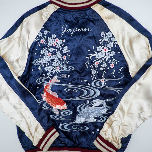 Vintage IOLANI Koi Sakura Reversible Sukajan Jacket Size M Navy Yellow Japanese Souvenir Bomber