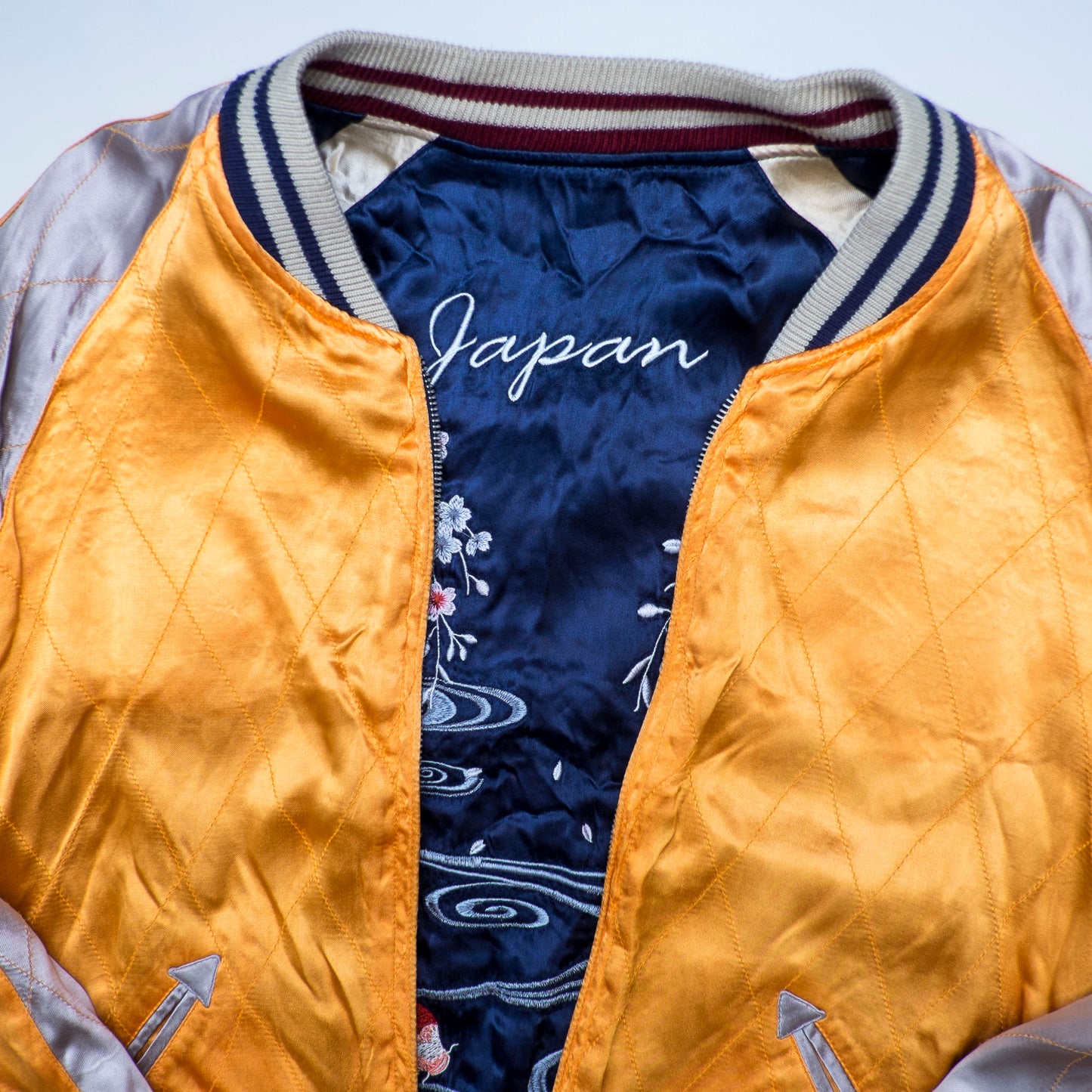 Vintage IOLANI Koi Sakura Reversible Sukajan Jacket Size M Navy Yellow Japanese Souvenir Bomber