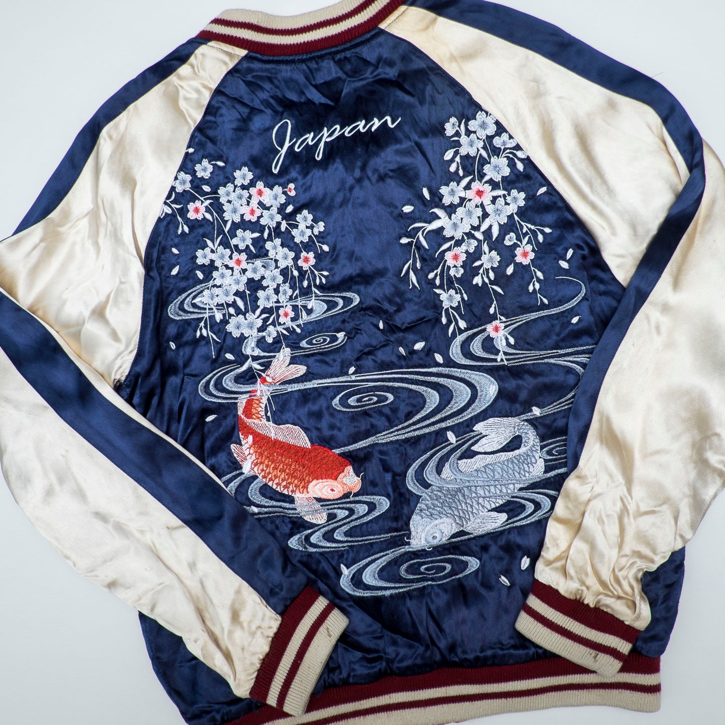 Vintage IOLANI Koi Sakura Reversible Sukajan Jacket Size M Navy Yellow Japanese Souvenir Bomber