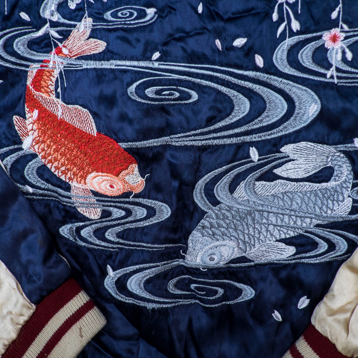 Vintage IOLANI Koi Sakura Reversible Sukajan Jacket Size M Navy Yellow Japanese Souvenir Bomber