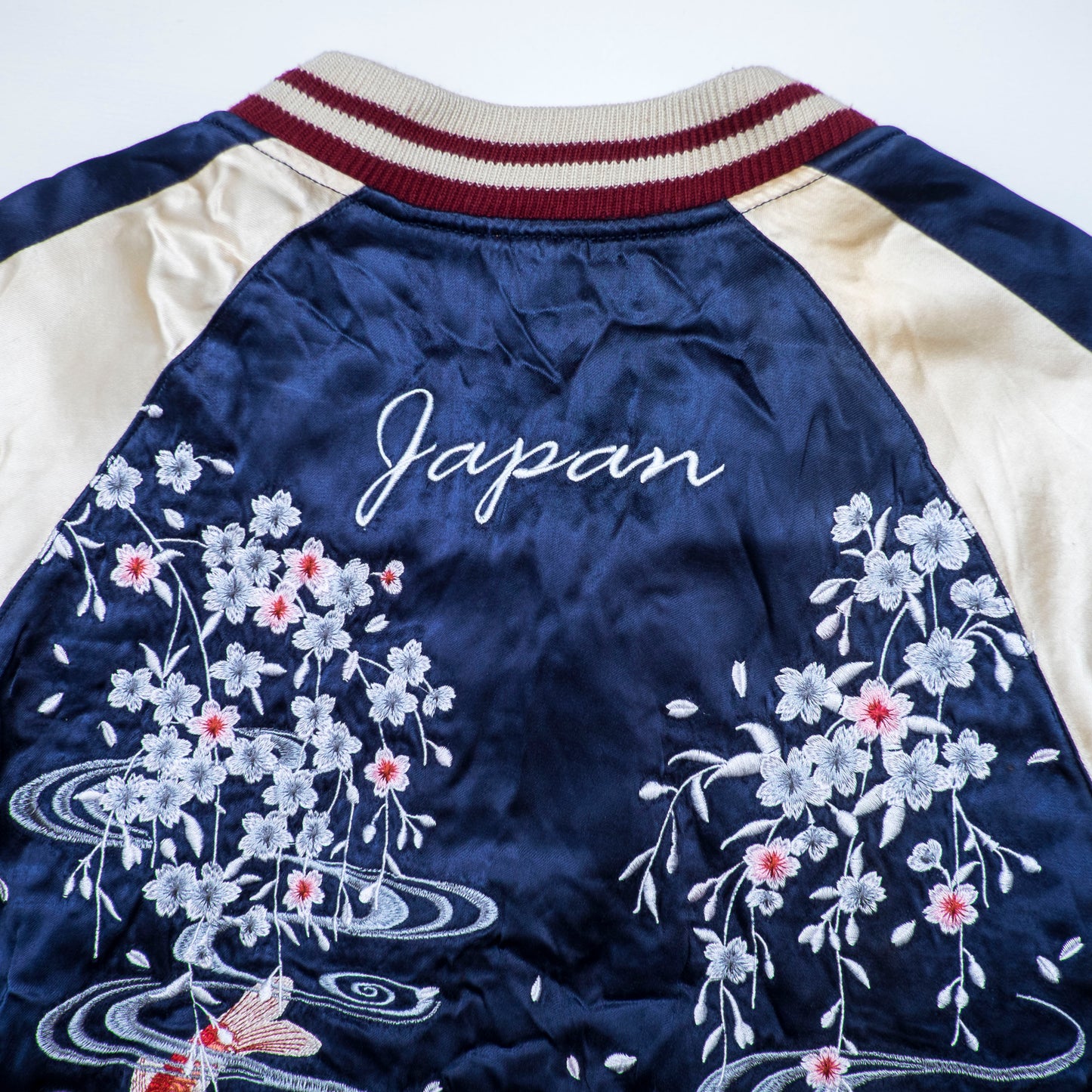Vintage IOLANI Koi Sakura Reversible Sukajan Jacket Size M Navy Yellow Japanese Souvenir Bomber