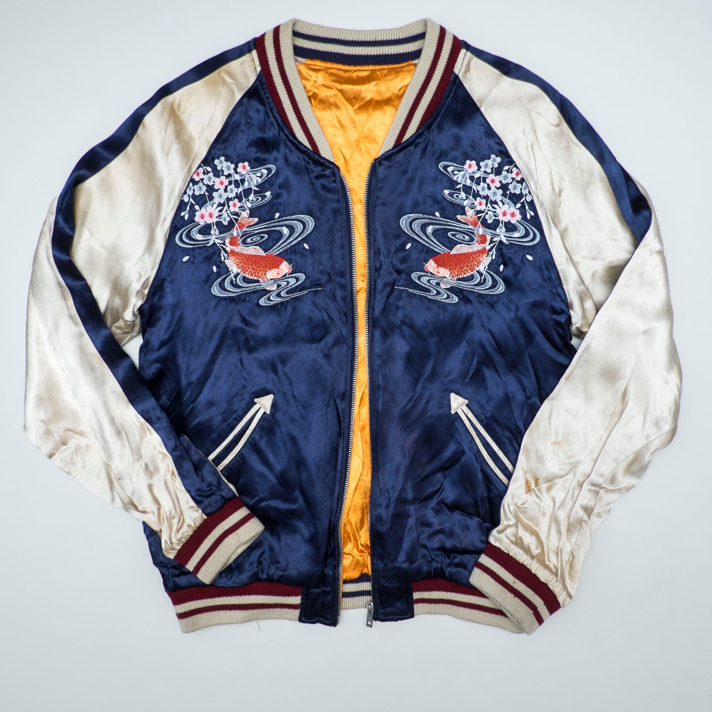 Vintage IOLANI Koi Sakura Reversible Sukajan Jacket Size M Navy Yellow Japanese Souvenir Bomber