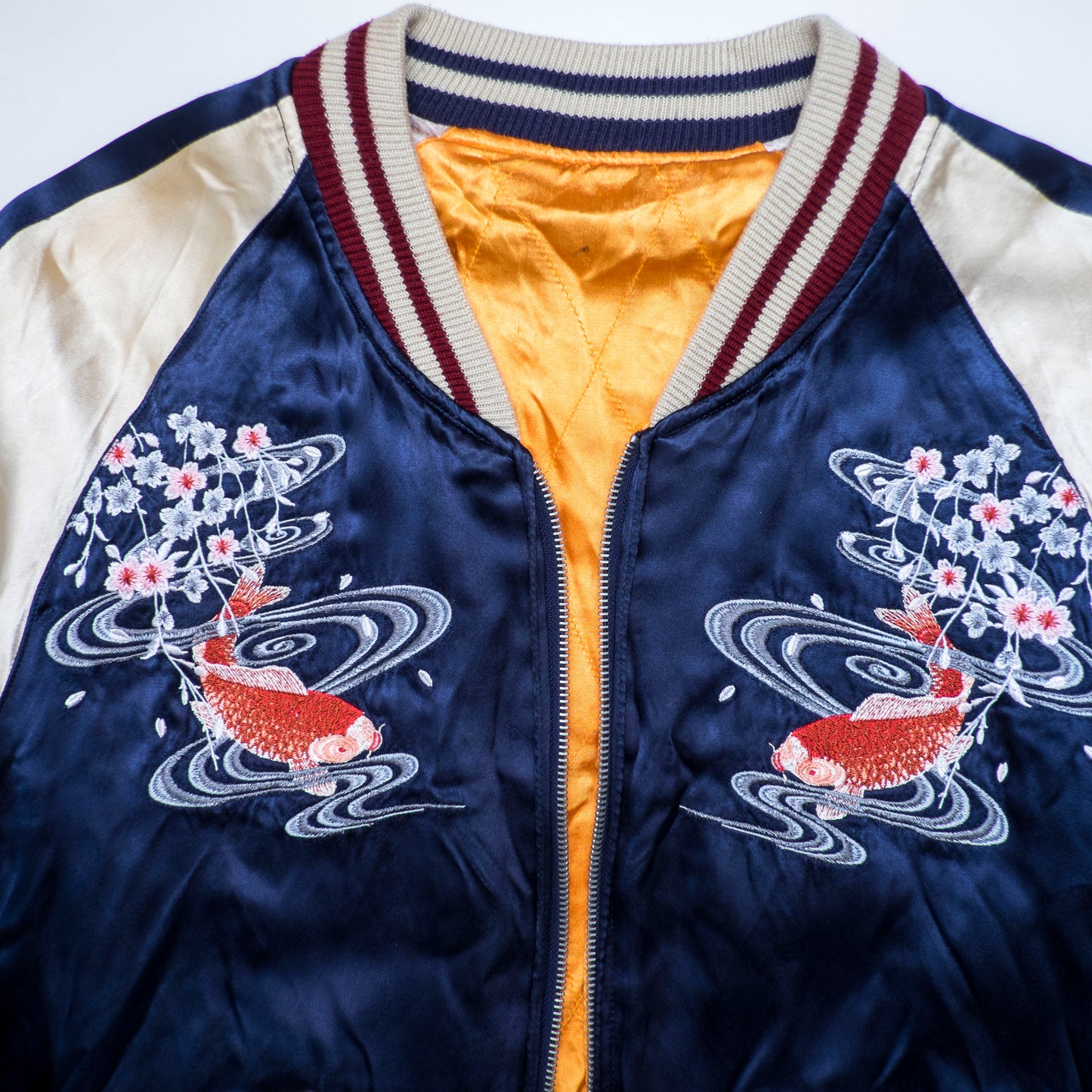 Vintage IOLANI Koi Sakura Reversible Sukajan Jacket Size M Navy Yellow Japanese Souvenir Bomber