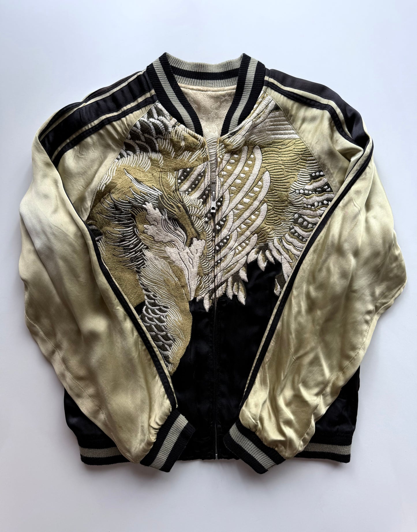 Vintage Reversible Sukajan Jacket Dragon Phoenix Crane Turtle Embroidery Black Gold Japanese Souvenir Bomber Size M