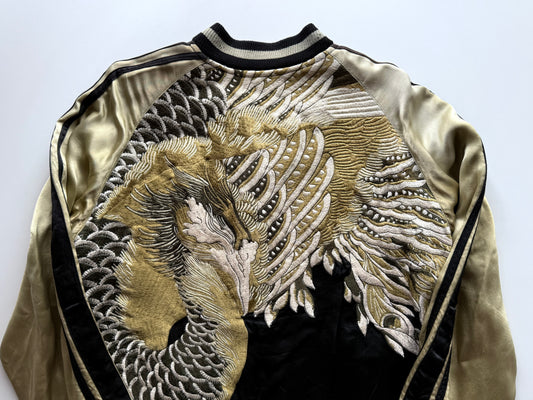 Vintage Reversible Sukajan Jacket Dragon Phoenix Crane Turtle Embroidery Black Gold Japanese Souvenir Bomber Size M