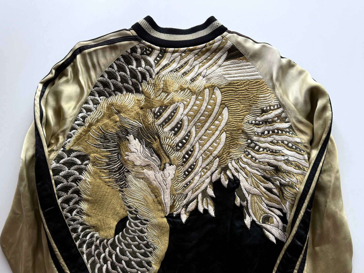 Vintage Reversible Sukajan Jacket Dragon Phoenix Crane Turtle Embroidery Black Gold Japanese Souvenir Bomber Size M
